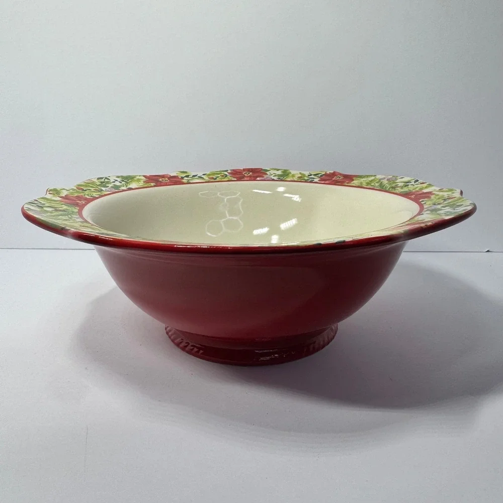 The Pioneer Woman Holiday Cheer 8.3 Inch Stoneware Bowl Christmas Poinsettia Red